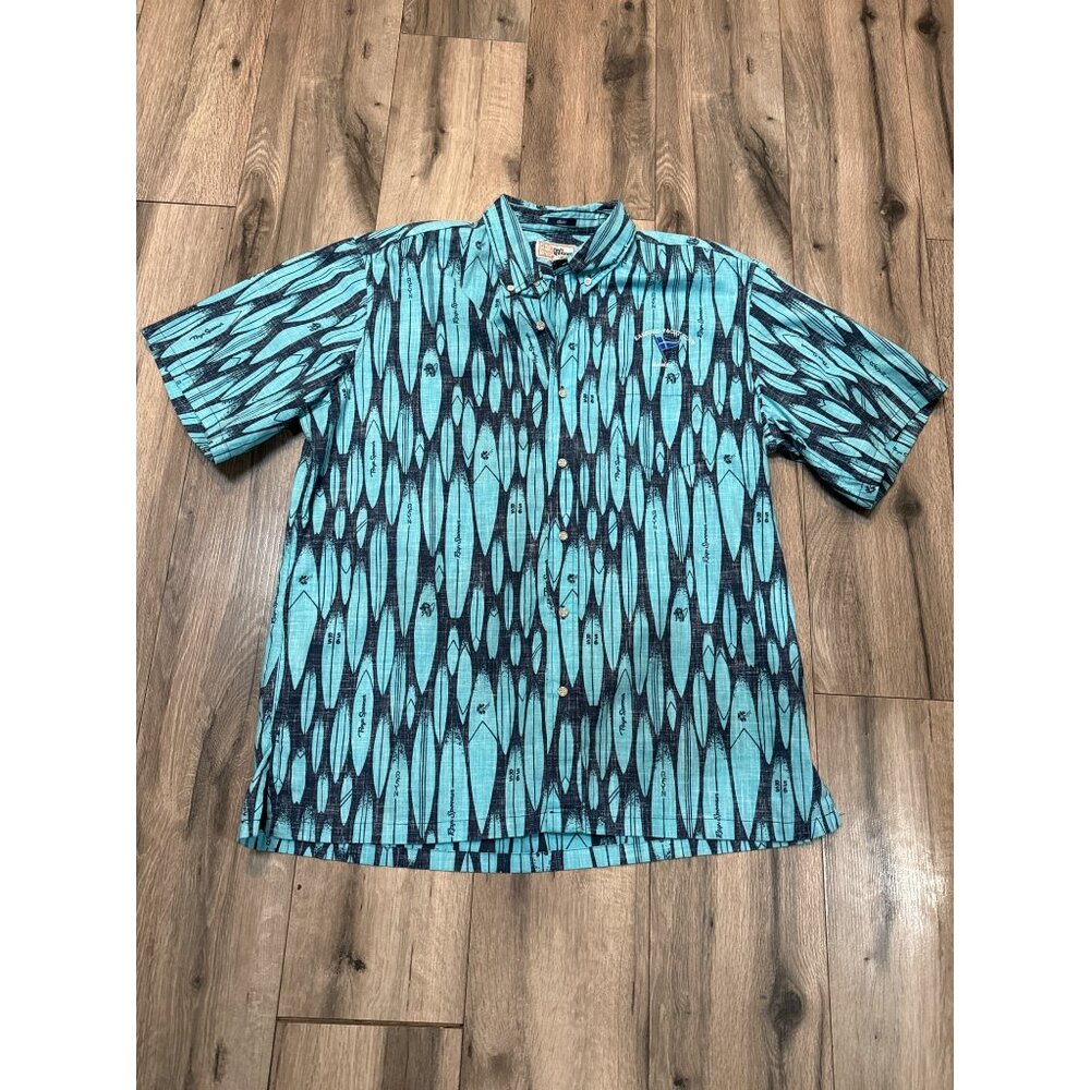 Reyn Spooner Mens Hawaiian Traditional Shirt XL Blue Green Surfboard Print Butto